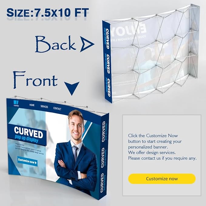 Custom Curved Pop Up Displays Trade Show Backdrop 7.5x7.5 FT Tension Fabric HD Banner Printing Banner Pop-up Display Stand Trade Show Booth Display for Business Corporate Wedding Mall