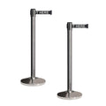 CCW Set of 2 Retractable Belt Barriers Stanchion, Polished Stainless Steel Post, RBB-100 (11 Foot Belt, Black"Please Wait HERE" White Letters Belt)