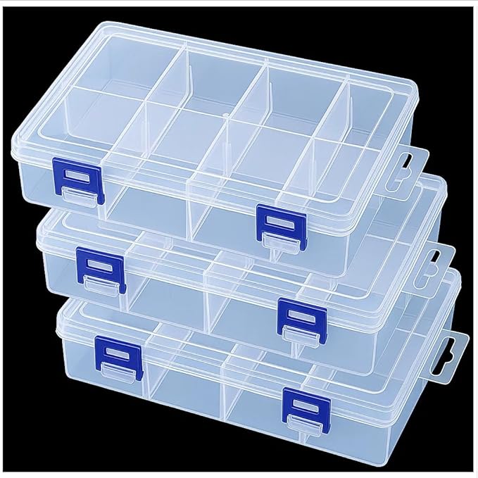 3pcs Clear Storage Small Parts Organizer Box Storage Bin With Dividers Multi Compartment for Beads Art DIY Tackle Box Organizer (8compartments)