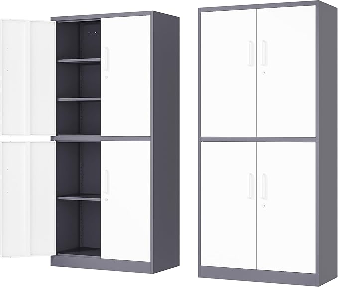 71' Metal Storage - Lockable File Cabinet with Doors & Shelves - Gray/White Steel for Garage, Home, Office