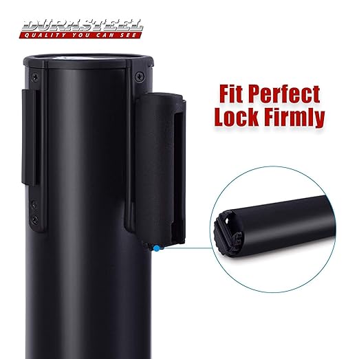 DuraSteel Crowd Control Barriers Stanchions with Retractable Belts & Sign Holder - Metal Stanchion Posts w/ 6.5ft Black Retractable Barrier Belt Ropes - Queue VIP Safety Line Dividers - Set of 6 Poles