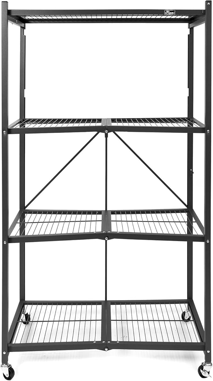 Origami R5 Series Foldable 4-Tier Steel Storage Rack, Pewter – Heavy-Duty Metal Shelving Unit w/ Removable Wheels for Laundry Room or Garage – Rolling Organizer for Home, Office & Warehouse