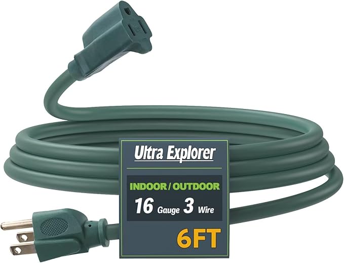 6 Ft Indoor Outdoor Green Extension Cord, 16/3 SJTW Heavy Duty Water-Resistant, 3 Prong Grounded Plug Power Cord for Home Appliance, Lights and Lawn, 13A 1625W, UL Listed