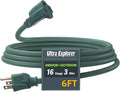 6 Ft Indoor Outdoor Green Extension Cord, 16/3 SJTW Heavy Duty Water-Resistant, 3 Prong Grounded Plug Power Cord for Home Appliance, Lights and Lawn, 13A 1625W, UL Listed