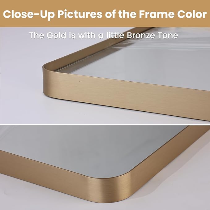 LOAAO 48”X30” Gold Bathroom Mirror, Rounded Rectangle Gold Frame Mirror, Brushed Gold Bathroom Vanity Mirror Wall-Mounted, Anti-Rust, Tempered Glass, Hangs Horizontally or Vertically