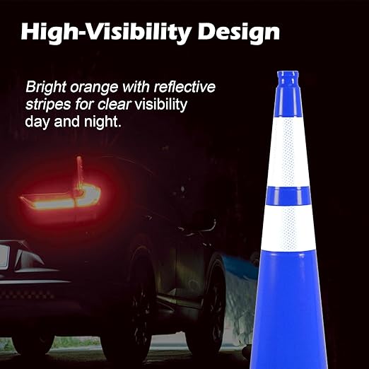 8 Pack 36 Inch Blue Traffic Cones with Reflective Tape, Heavy Duty Black Base Safety Cones for Airports, Warehouses and Large Event Spaces (8, Blue, 36 Inch)