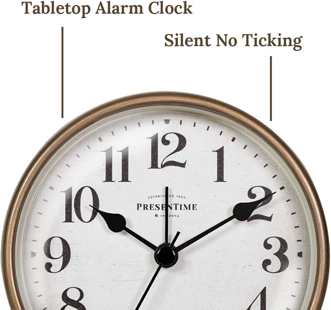 Presentime & Co 4" Vintage Tabletop Alarm Mantel Clock, Desk and Shelf Clock, Silent no Ticking, Rustic Grey Oak and Antique Gold Finish. Tabletop Décor, Home Décor, Farmhouse Décor.