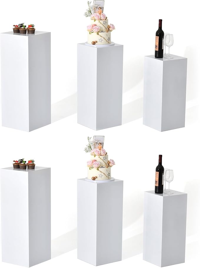 Vincidern 6pcs Square Pedestal Stands for Party, Metal Display Plinth Pillars for Wedding Ceremony Birthday Party Art Decor 31.5*11.8''(2*L), 27.6*11''(2*M), 23.6*10.2''(2*S)
