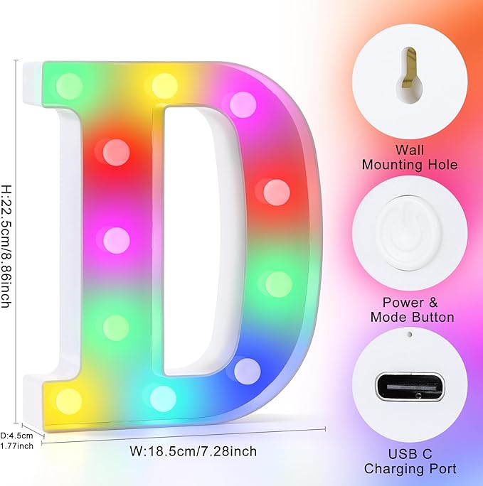 mooncow Rechargeable Light Up Letters,Colorful Marquee Letters with Remote,Gift Wrap Gifts,Bedroom Home Bar Party Decor (D)