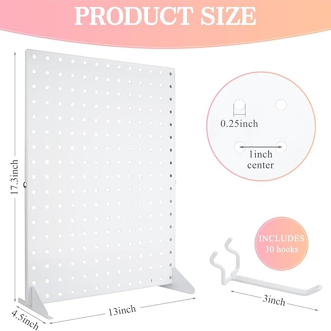 2 Pcs Metal Pegboard Display Stand with 30 Peg board Hooks, Tabletop Pegboard Shelf for Craft Shows & Fairs, Retail Stores, Vendors Arts and Crafts Finishing - 17x13Inch & White