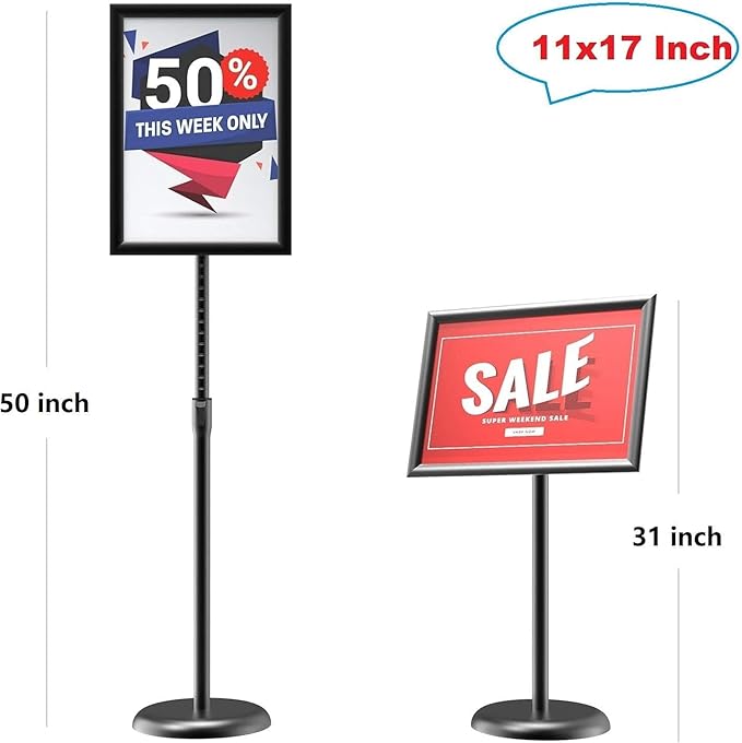 GUOHONG Sign Holder Aluminum Poster Stand ,Adjustable Stand Height, Poster Frame Revolvable To Either Horizontal or Vertical View Display, Round Base (11x17 inches)