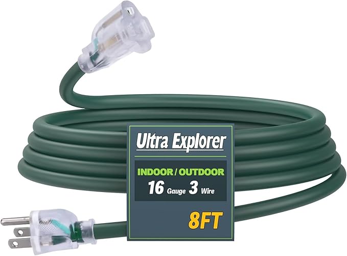 8 Ft Indoor Outdoor Green Extension Cord, 16/3 Heavy Duty Extension Cable, 3 Prong Grounded Plug with Lighted End for Appliance and Lawn, 13A, UL Listed