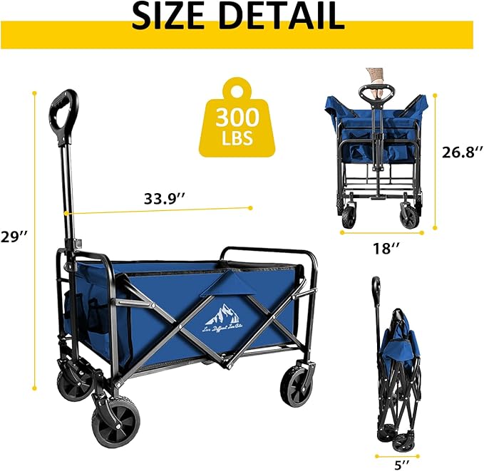 Collapsible Utility Cart Folding Wagon, 220 lbs Capacity Lightweight Rolling Cart with Quiet Wheels, Quick-Fold Design for Camping, Shopping, Ourdoor Use, Blue 2PCS