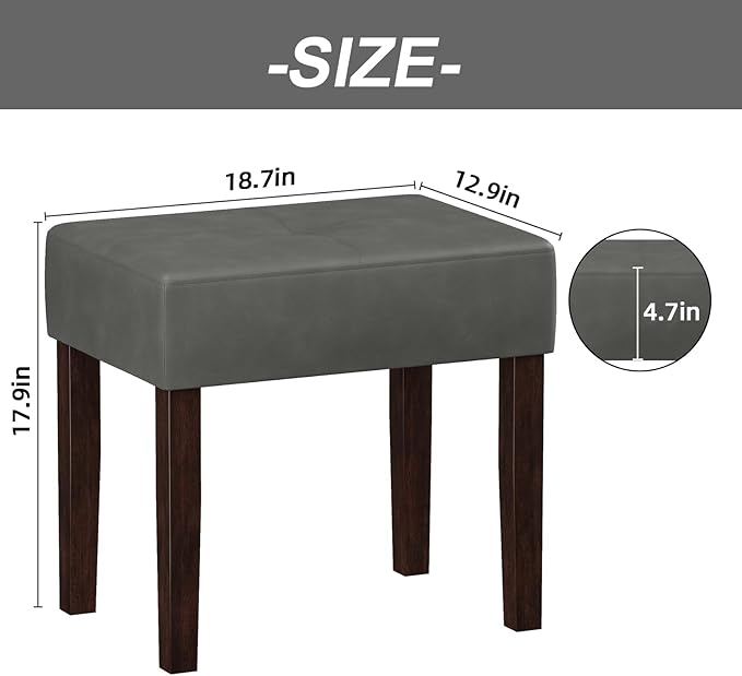Two Leather Vanity Stool, 18.7 Inch Wide Rectangle Ottoman Bench for Makeup Room, A Set Vanity Chair with Wood Legs for Piano Room, Bedroom,Living Room with Customizable (Gray)