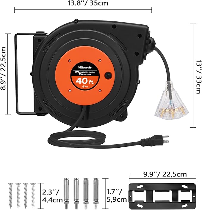 Retractable Extension Cord Reel, 40 FT Heavy Duty Power Cord, 12AWG/3C SJTOW, 3 Grounded Outlets Lighted Triple Tap, 15 Amp Circuit Breaker, UL Listed, Orange B40CR06
