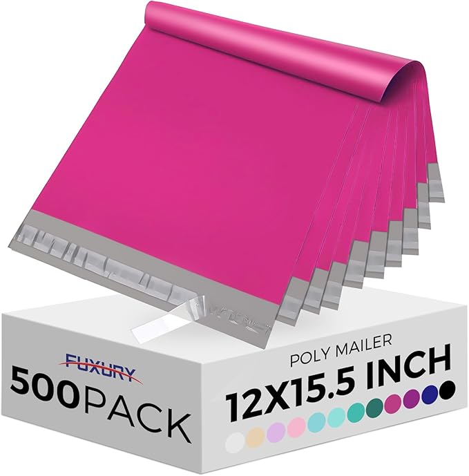 Fuxury Poly Mailers 12x15.5 Inch 500 Pcs, Bulk Shipping Bags for Clothing, Strong Adhesive Shipping Envelopes for Small Business Suppliers,Waterproof Mailers Poly Bags Mailing Envelopes Pink