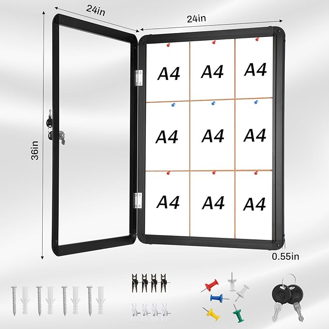 36"x24" Enclosed Bulletin Board Tamper-Proof Dispaly Case, Black Aluminium Frame, Shatter Resistant Lockable Bulletin Board, Enclosed Cork Board for School, Office,Commercial