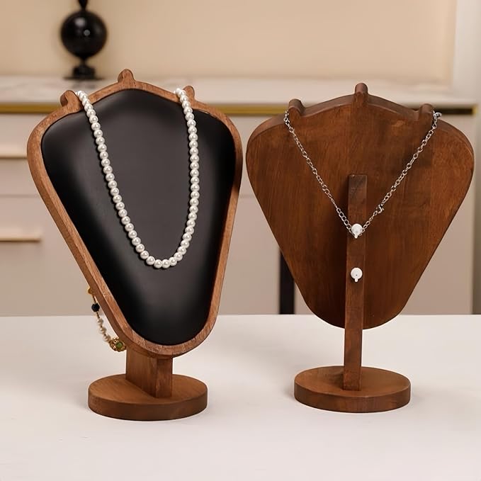 Walnut Color Body Wood Necklace Display Stand with Black Leather Soft Mat Necklace Holder Organizer Desktop Stand for Home Store Dresser-4.45"x8.4"x12"