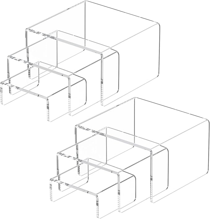 NIUBEE Acrylic Display Risers Stand 2 Sets,3 Steps Clear Riser Shelf Showcase for Amiibo Funko POP Figures -3"x3"x4"