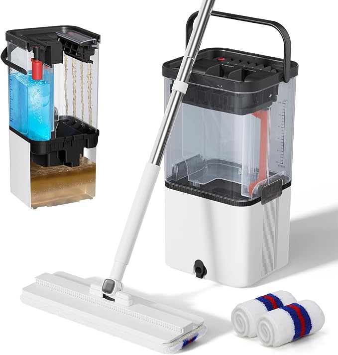 Mop and Bucket Set,Midyb Flat Mops and Bucket System with 2 Microfiber Pads,Mop and Bucket with Wringer Set,Automatic Separates Dirty and Clean Water,Wet and Dry Use Mops for Floor Cleaning