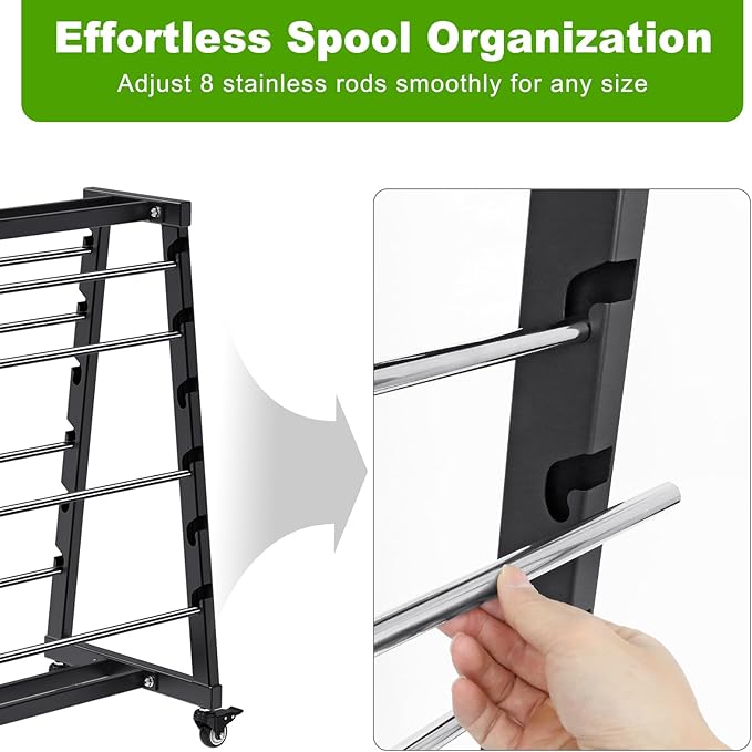 SELEWARE Heavy-Duty 8-Rod Wire Spool Rack – 400lb Capacity Cable Caddy & Dispenser with Locking Wheels, Adjustable Spool Rods for Electrical, Industrial & Retail Use