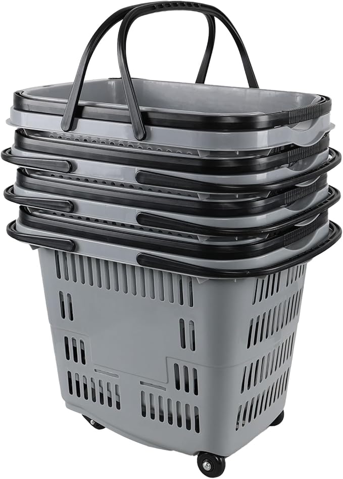 Kekow 50 L Large Plastic Shopping Basket with Wheels, 4 Pack Plastic Rolling Shopping Basket with Wheels and Handle, Gray