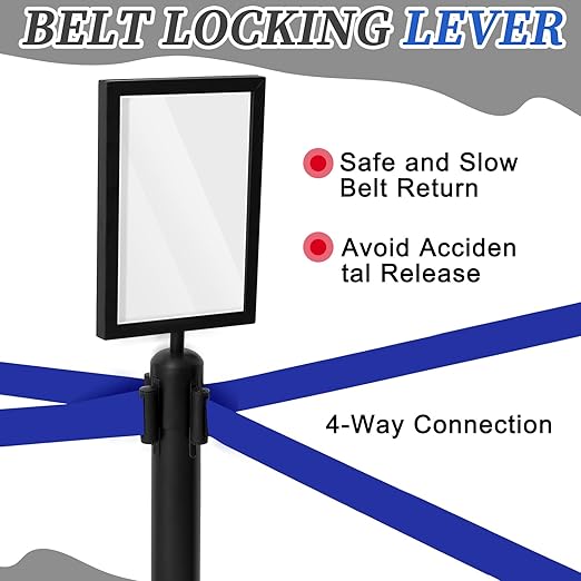 Therwen 6 Pack 9.8 ft Heavy Duty Crowd Control Stanchions Stainless Steel Stanchion Set with 6 Safety Barrier Post with Retractable Blue Belt and 1 Sign Holder Crowd Control Barrier