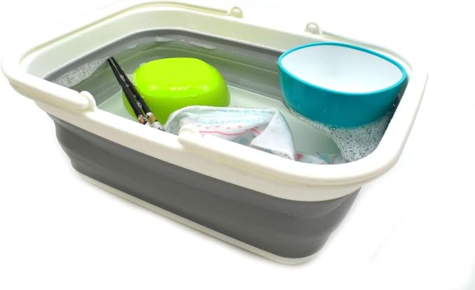 SAMMART 9.2L (2.37Gallon) Collapsible Tub with Handle - Portable Outdoor Picnic Basket/Crater - Foldable Shopping Bag - Space Saving Storage Container (Grey & Orange, 2)