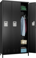 Aobabo Metal Lockers for Employees, 3 Doors Storage Locker with 9 Hooks for Office Home, Black, Assembly Required