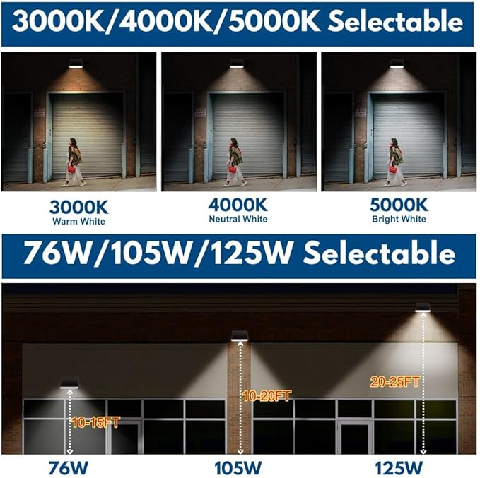 Konlite - 125W/105W/76W Full-Cutoff LED Wall Pack Lights, Selectable Wattage & CCT (5000K/4000K/3000K), LED Wall Light, Energy Efficient, Durable, Outdoor Commercial Wall Pack Light, 20,812LM