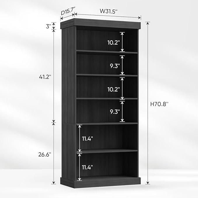 Vyre 70.8" Tall Black Bookshelf, Farmhouse Modular Bookcase with 6-Tier Adjustable Shelves, Large Storage Cabinet for Home Office, Living Room, Set of 2