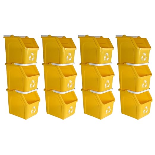 Multi Recycling Bin System with Twelve Stacking 6 Gallon Bins with Carrying Handles, Stackable and Compact for Offices, Homes, Garages, Businesses - (Yellow, 12 Pack)