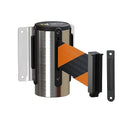Montour Line WM115 Wall Mounted Retractable Belt Barrier with Standard Belt End, Fixed Mount, Polished Stainless Steel Casing (8.5 ft Black and Orange Diagonal Belt)