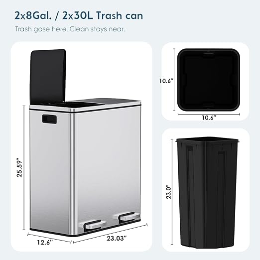 Arlopu Dual Trash Can, 2 x 8 Gallon (2 x 30 L) Hands-Free Trash and Recycle Bin Combo, Stainless Steel Kitchen Garbage Can with Soft-Close Lid, Removable Inner Buckets, Step Pedal, Airtight (Silver)