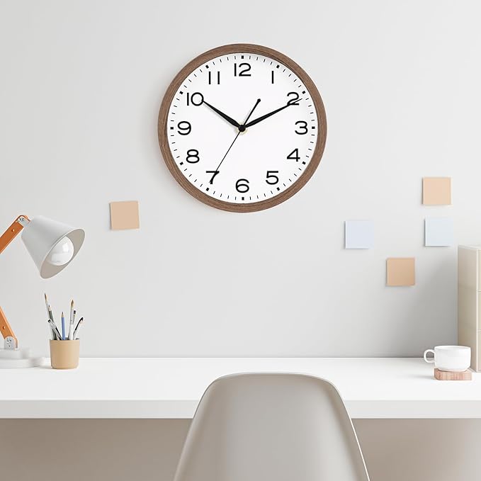 AKCISOT Wall Clock, Modern Small Wall Clocks Battery Operated 10 Inch, Silent Non-Ticking Analog Classic for Office, Home, Bathroom, Kitchen, Bedroom, School(Walnut Grain)