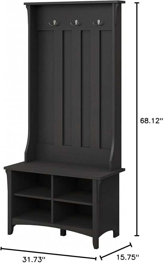 Bush Furniture Salinas Hall Tree with Shoe Storage Bench in Vintage Black, Multi-Purpose Home Organizer, Entryway Solution with Seating and Hooks
