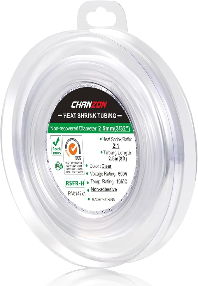 Chanzon 2:1 Ratio 3/32" (2.5mm) Heat Shrink Tubing 8Ft Roll (2.5M Total Length) Clear/Transparent Polyolefin Sleeving Wrap Shrinking 2 to 1 1pcs