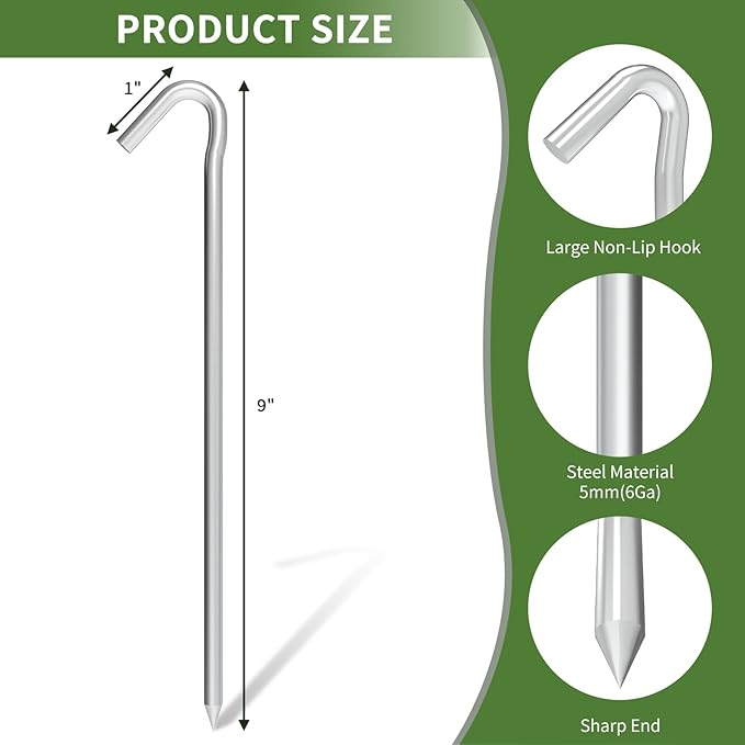 Metal Tent Stakes Heavy Duty 9 Inch, 8 Pack Anti-Rust Galvanized Steel Camping Tarp Stakes, Ground Stakes Yard Stakes Canopy Anchors for Inflatables, Outdoor Decorations