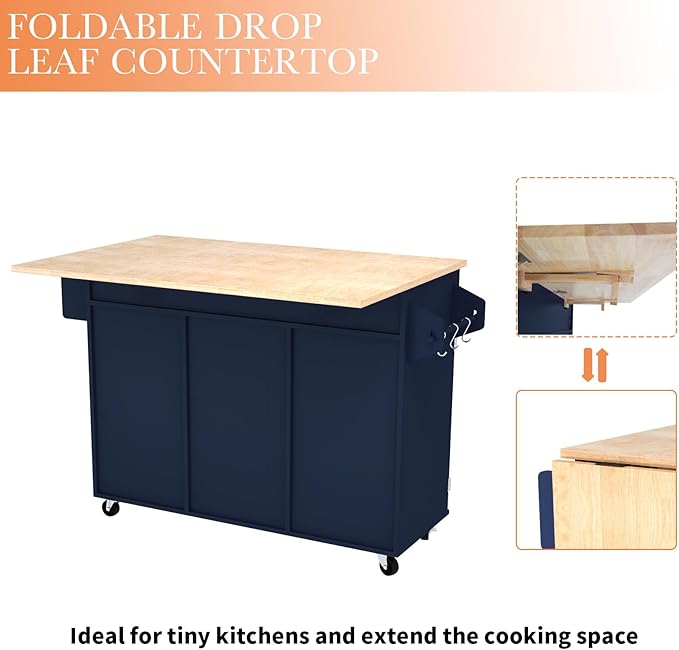 HLR Kitchen Island On Wheels, Blue Rolling Kitchen Island Cart with Solid Wood Drop Leaf Prep Table, Barn Door Kitchen Islands with Storage Cabinet and Tower Rack, Island Table for Kitchen