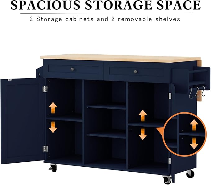 HLR Kitchen Island On Wheels, Blue Rolling Kitchen Island Cart with Solid Wood Drop Leaf Prep Table, Barn Door Kitchen Islands with Storage Cabinet and Tower Rack, Island Table for Kitchen