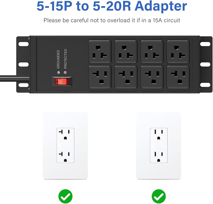 CCCEI 2PCS Heavy Duty Power Strip Surge Protector 20 AMP, 8 Outlets 12 Gauge Shop Garage Metal Multiple Outlets, 10 FT Extension Cord 5-15P Adapter High Amp 6-20R T-Slot 20a for Appliance Black.