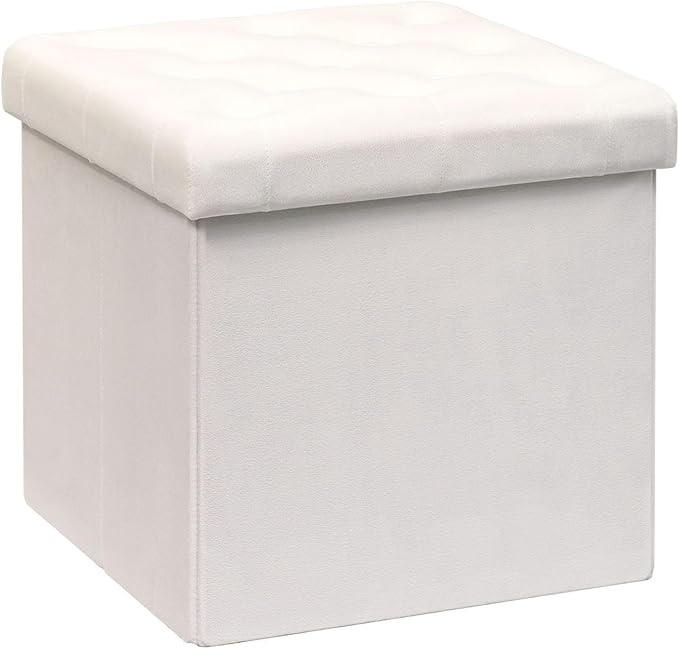 B FSOBEIIALEO Storage Ottoman Velvet Tufted Folding Ottomans Footstool Rest Seat with Removable Lid (White, Medium)