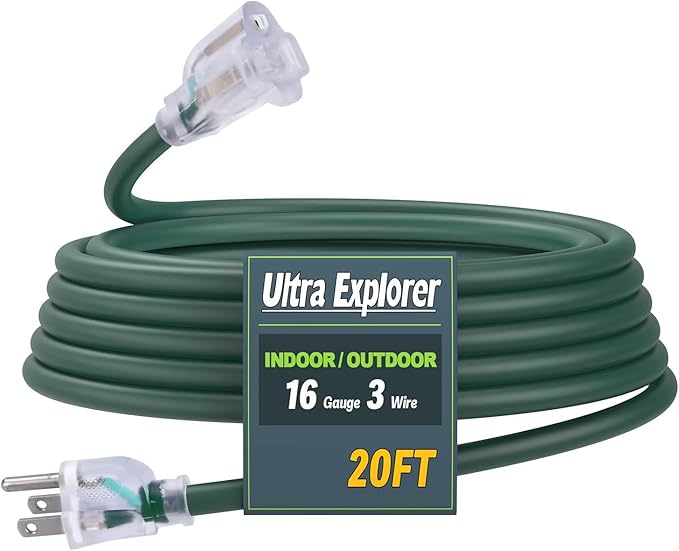 20 Ft Indoor Outdoor Green Extension Cord, 16/3 Heavy Duty Extension Cable, 3 Prong Grounded Plug with Lighted End for Appliance and Lawn, 13A, UL Listed