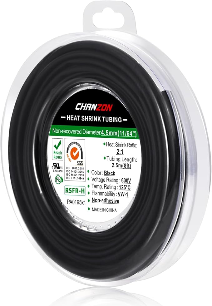 Chanzon 2:1 Ratio 11/64" (4.5mm) Heat Shrink Tubing 8Ft Roll (2.5M Total Length) Black Polyolefin Sleeving Wrap Shrinking 2 to 1 1pcs