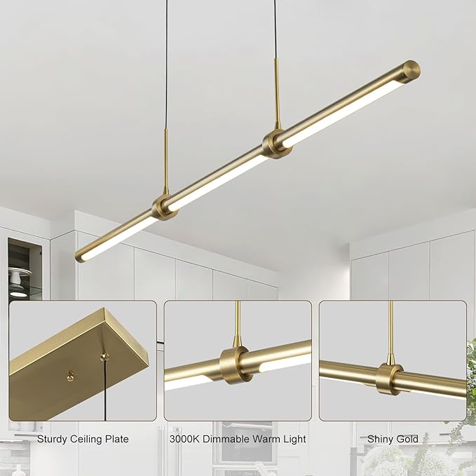 EDISLIVE Modern Linear LED Island Light Dimmable LED Chandelier 47.24 in Adjustable Linear Hanging Light Fixture 3000K 20W Pendant Light for Dinning Room Kitchen，Gold