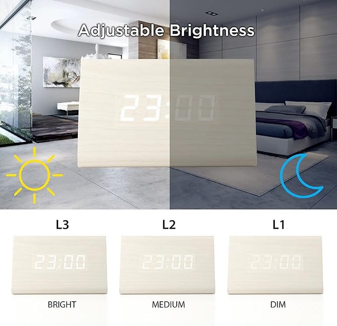 GEARONIC Digital Alarm Clock Wooden Alarm Clock Wood Modern Triangle Alarm Digital Desk Clock, Displays Time Date Temperature Calendar Wood Made Electric Clocks for Bedroom, Bedside - White
