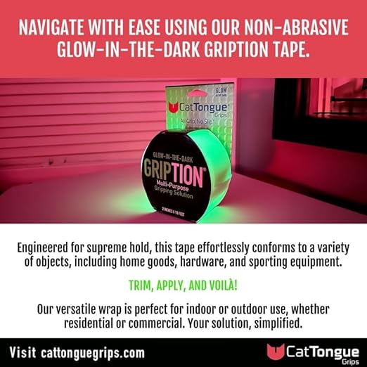 CATTONGUE GRIPS Non-Abrasive Grip Tape Wrap - 2” Thick Heavy-Duty, Waterproof Anti-Slip Tape for Wrapping Tools, Bats, Gym Equipment - Indoor & Outdoor Anti-Slip Solution (Glow in The Dark, 10ft)
