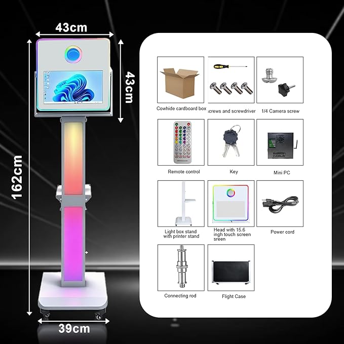 Photo Booth Machine 15.6 inch Selfie Portable Touch Screen Photobooth with RGB Light,Mirror Photo Booth with Flight Case for Wedding Party Events (Machine+Mini Printer)
