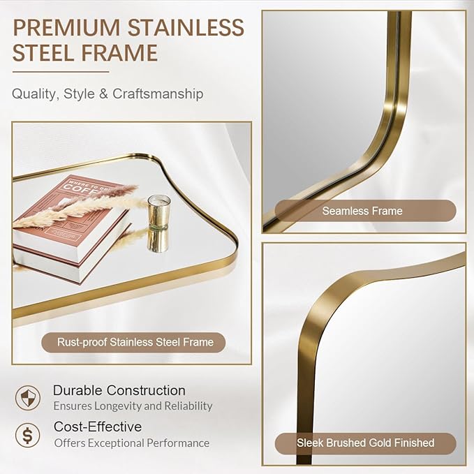 ANDY STAR 24x40 Inch Mirror, Brushed Gold Bathroom Mirror for Over Sink, Large Decorative Wall Mirror with Stainless Steel Frame, Anti-Rust, Italian Luxury Style Home Decor
