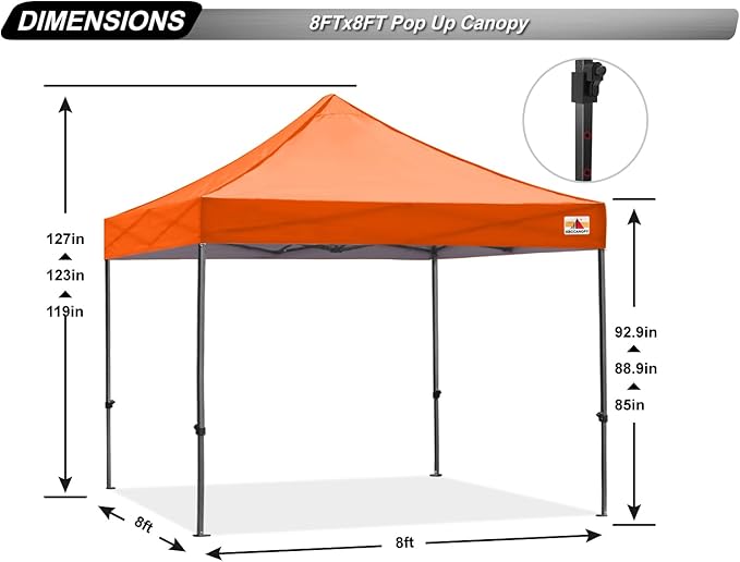 ABCCANOPY Pop Up Canopy - 8x8 Outdoor Patio Portable Canopy Tent with 4 Weight Bags (Orange)